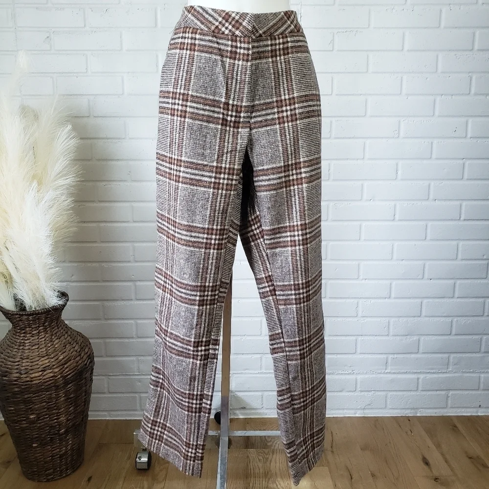 Plaid Wide-Leg Trousers in Brown and Cream - Picture 1 of 10